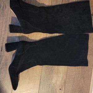 Knee high, black leather and suede, sexy heeled boots, size 10, lightly used